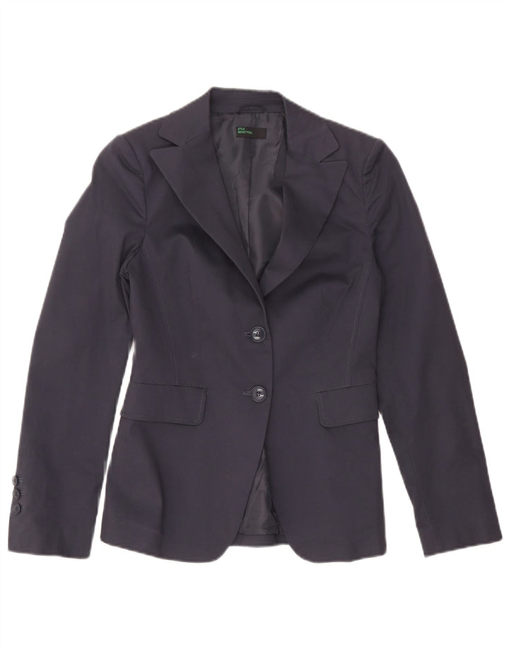 Benetton Womens 2 Button Blazer Jacket IT 40 Small Navy Blue Cotton