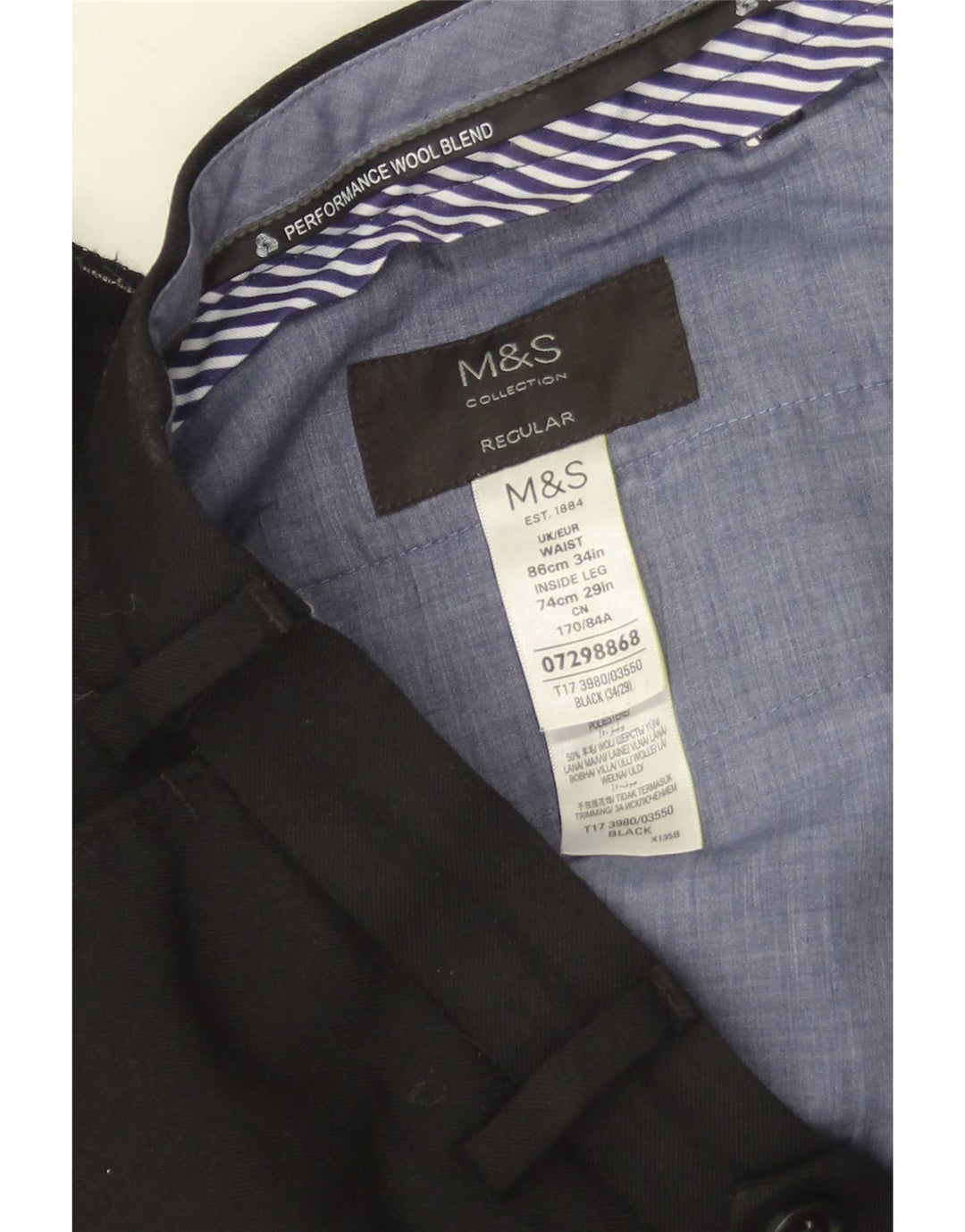 Marks & Spencer Mens Straight Suit Trousers W34 L29 Black Wool