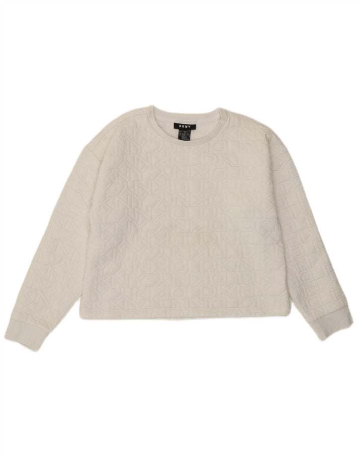 Dkny Womens Crop Graphic Sweatshirt Jumper UK 14 Medium White Polyester