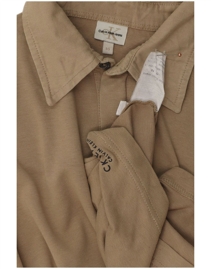 CALVIN KLEIN JEANS Boys Long Sleeve Polo Shirt 15-16 Years Beige Cotton