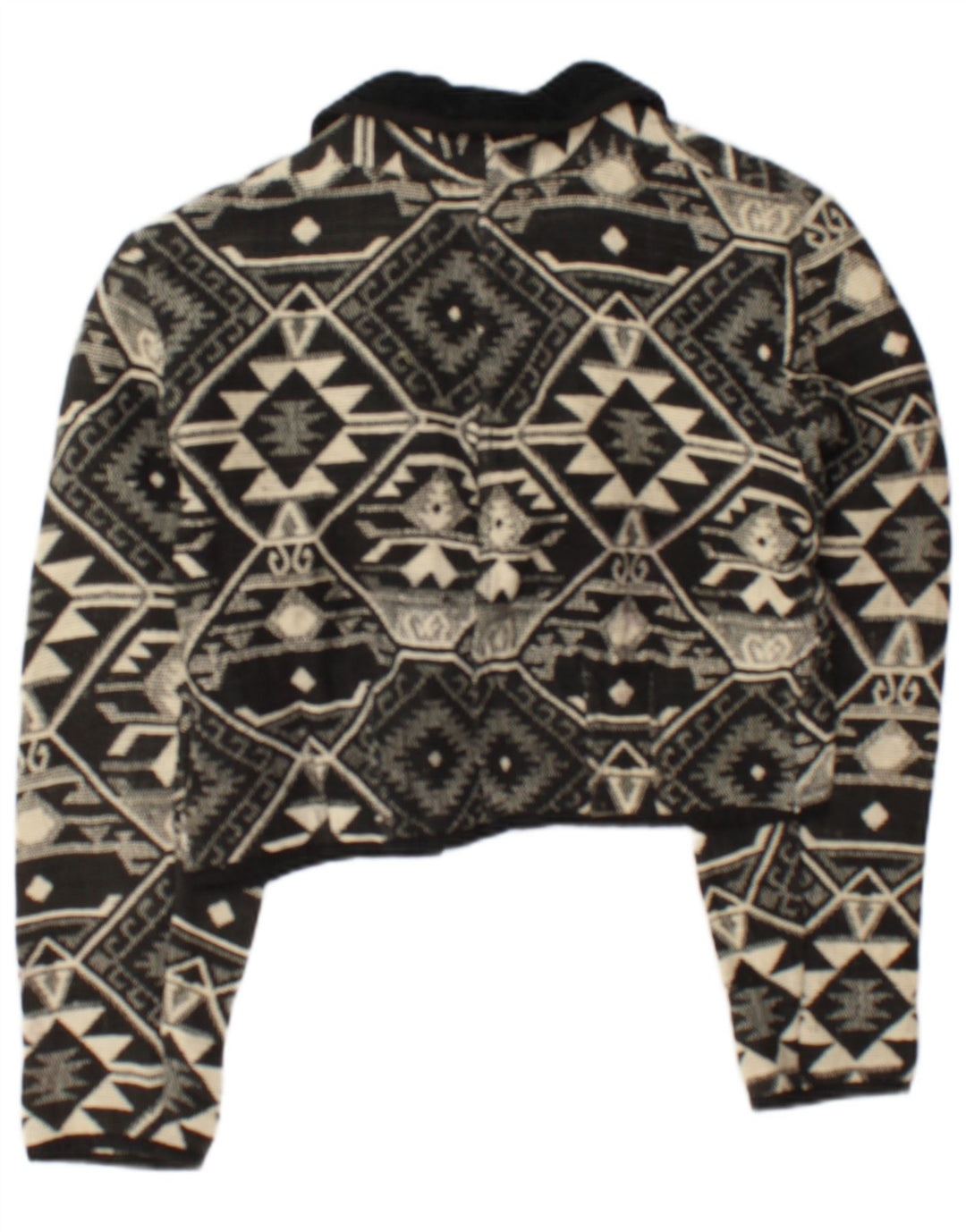 Vintage Womens Crop Open Bomber Jacket UK 14 Medium Black Geometric Cotton