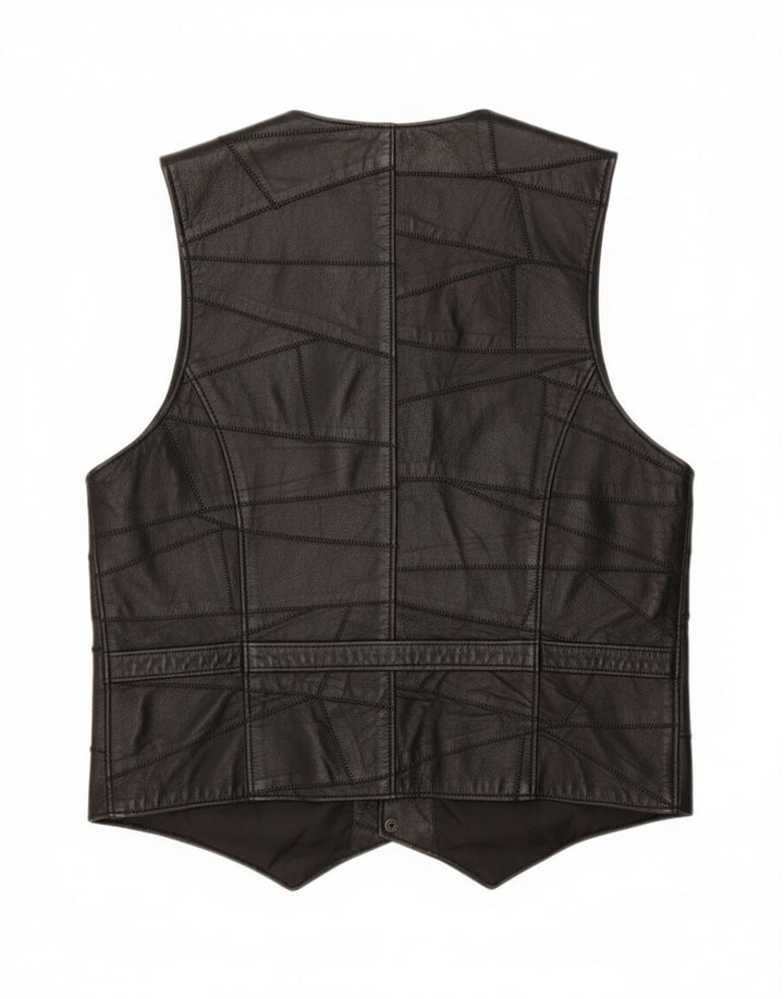 Vintage Mens Leather Waistcoat Small Black Patchwork