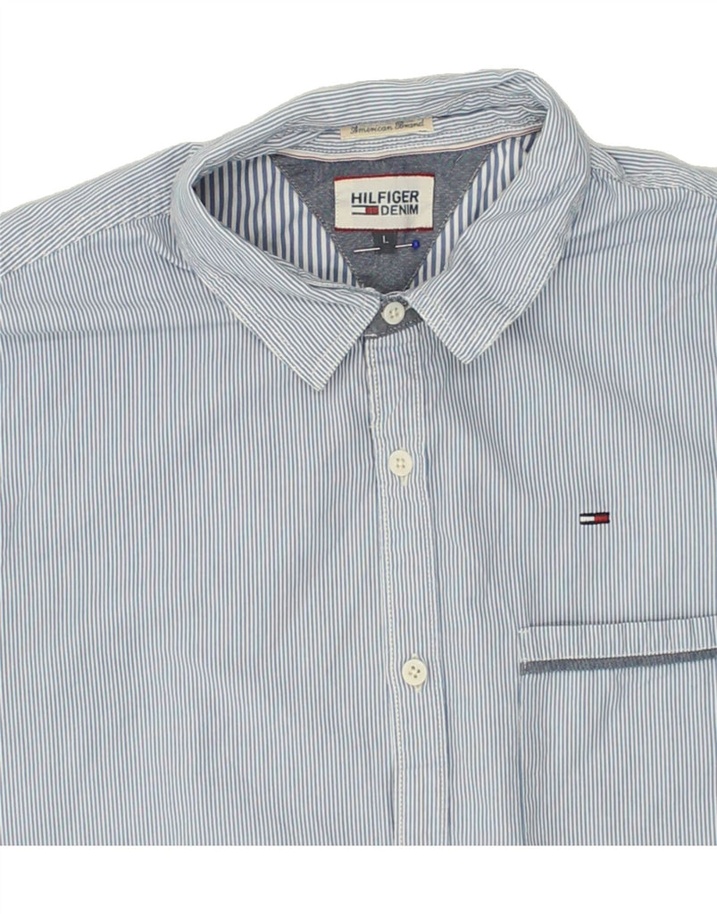 TOMMY HILFIGER Mens Short Sleeve Shirt Large Blue Striped Cotton | Vintage Tommy Hilfiger | Thrift | Second-Hand Tommy Hilfiger | Used Clothing | Messina Hembry 