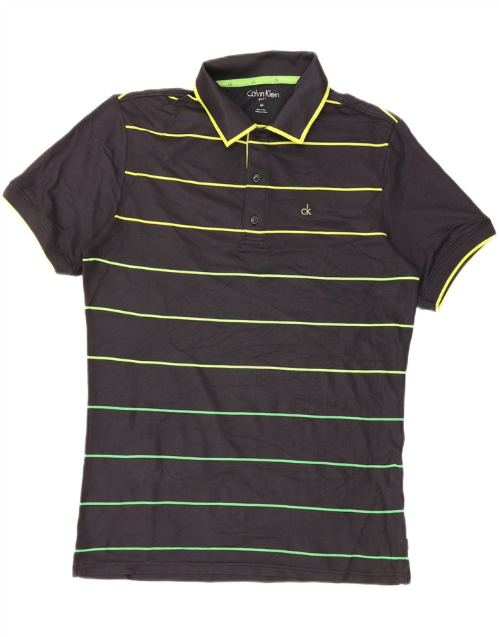 Calvin Klein Mens Golf Polo Shirt Medium Black Striped Polyester