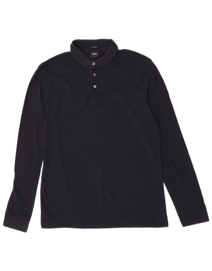 Hugo Boss Mens Long Sleeve Polo Shirt Medium Navy Blue Cotton