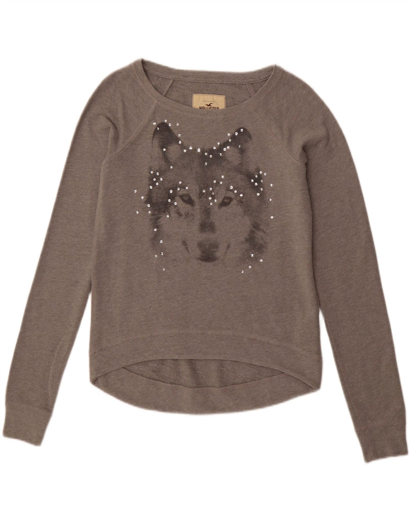 HOLLISTER Womens Graphic Sweatshirt Jumper UK 6 XS Grey Cotton Vintage Hollister and Second-Hand Hollister from Messina Hembry 