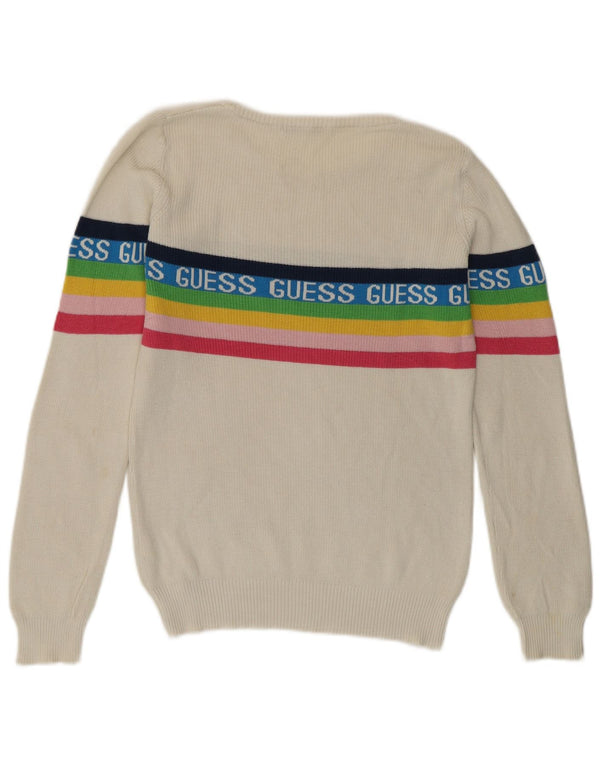Guess Womens Graphic Crew Neck Jumper Sweater UK 8 Small White Cotton