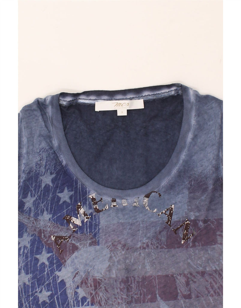 MARLBORO CLASSICS Womens Graphic T-Shirt Top UK 8 Small Blue Striped | Vintage Marlboro Classics | Thrift | Second-Hand Marlboro Classics | Used Clothing | Messina Hembry 