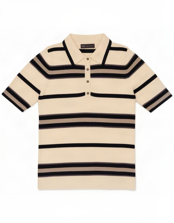 Marks & Spencer Womens Polo Shirt UK 12 Medium White Striped Viscose