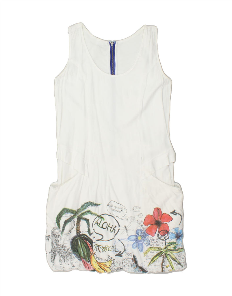 DESIGUAL Womens Sleeveless A-Line Dress EU 40 Medium White Floral Viscose | Vintage Desigual | Thrift | Second-Hand Desigual | Used Clothing | Messina Hembry 