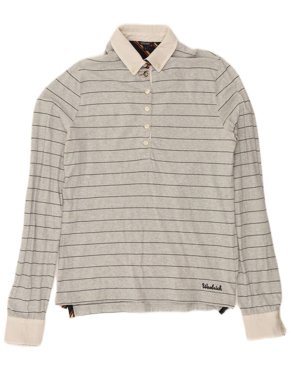 Woolrich Womens Long Sleeve Rugby Polo Shirt UK 14 Large Grey Striped