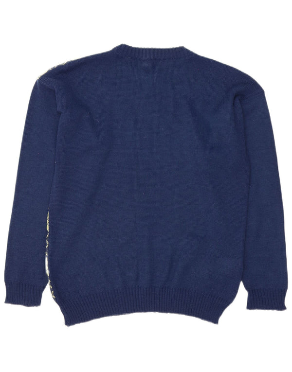 Vintage Mens Boat Neck Jumper Sweater Medium Navy Blue Argyle/Diamond