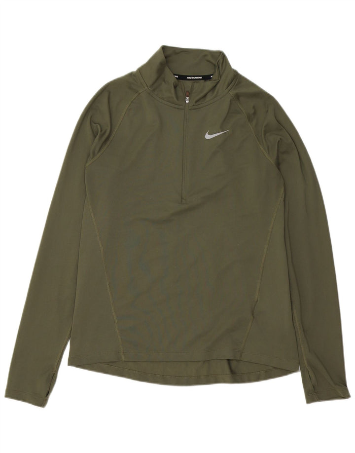 Nike Womens Running Zip Neck Top Long Sleeve UK 14 Medium Khaki Polyester