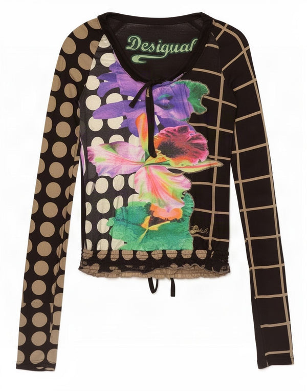 Desigual Womens Graphic Top Long Sleeve UK 10 Small Black Floral Cotton