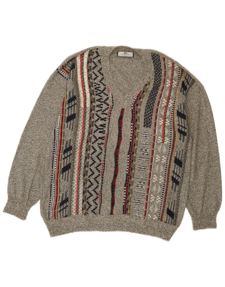Engbers Mens V-Neck Jumper Sweater IT 50 Medium Grey Striped Cotton
