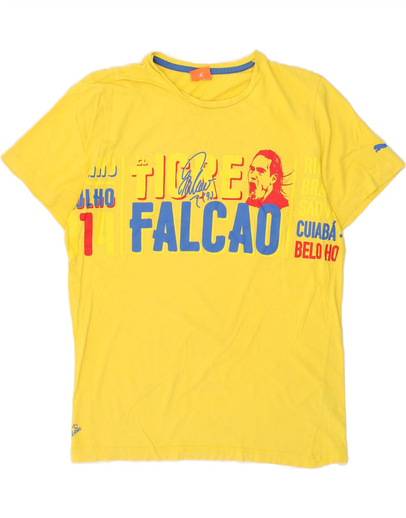 PUMA Mens Falcao El Tigre Graphic T-Shirt Top Large Yellow Cotton | Vintage Puma | Thrift | Second-Hand Puma | Used Clothing | Messina Hembry 