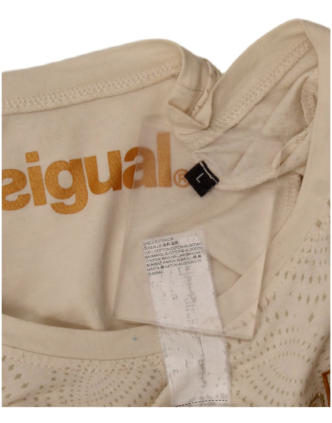 DESIGUAL Womens Graphic T-Shirt Top UK 14 Large Beige Spotted Cotton