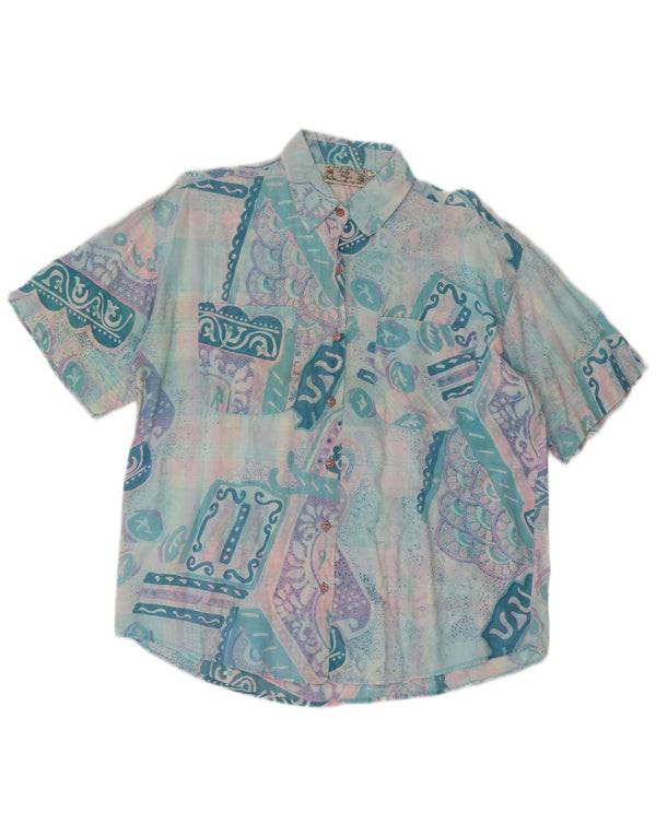Vintage Womens Short Sleeve Shirt UK 14 Large Turquoise Patchwork Retro