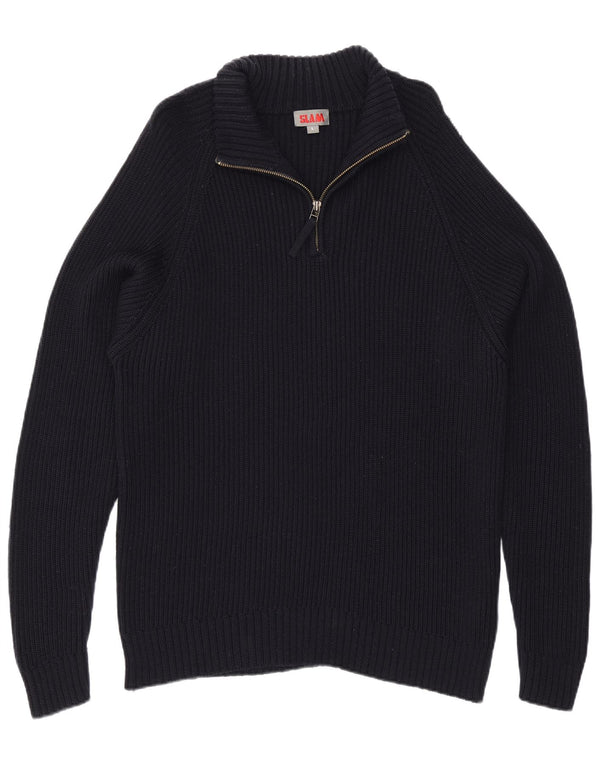 Slam Mens Zip Neck Jumper Sweater Large Navy Blue Wool