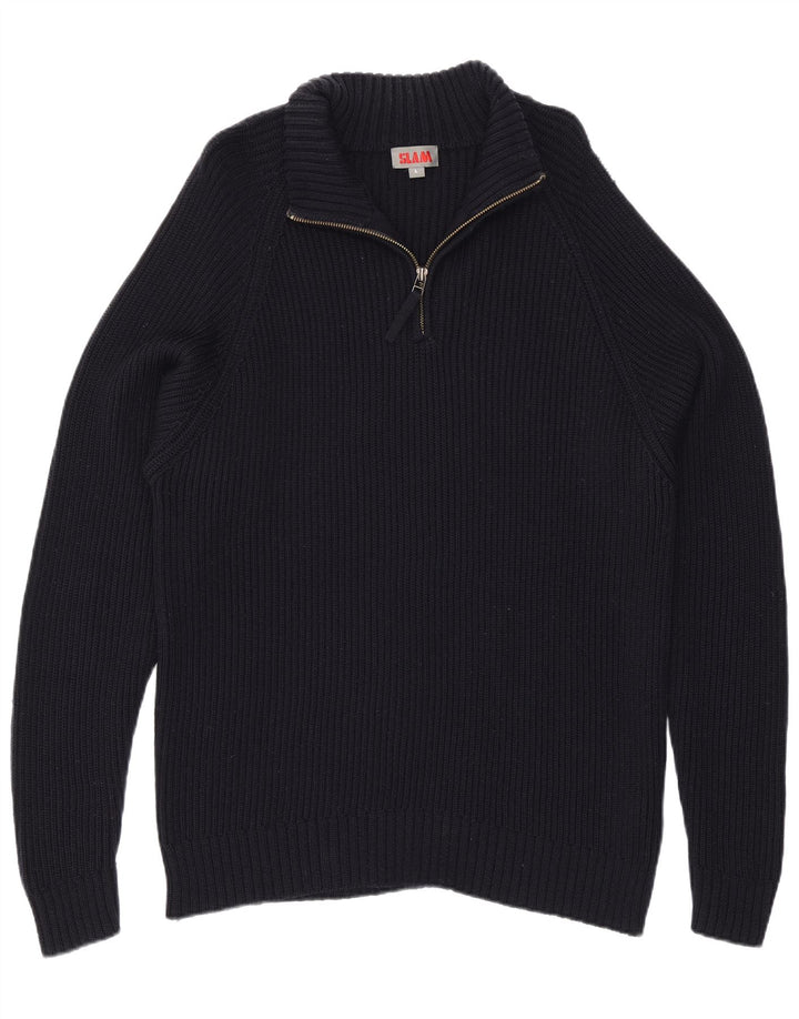 Slam Mens Zip Neck Jumper Sweater Large Navy Blue Wool