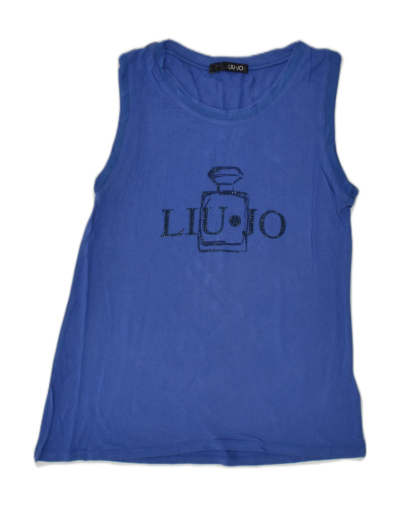 LIU JO Womens Graphic Vest Top IT 40 Small Blue Viscose | Vintage Liu Jo | Thrift | Second-Hand Liu Jo | Used Clothing | Messina Hembry 