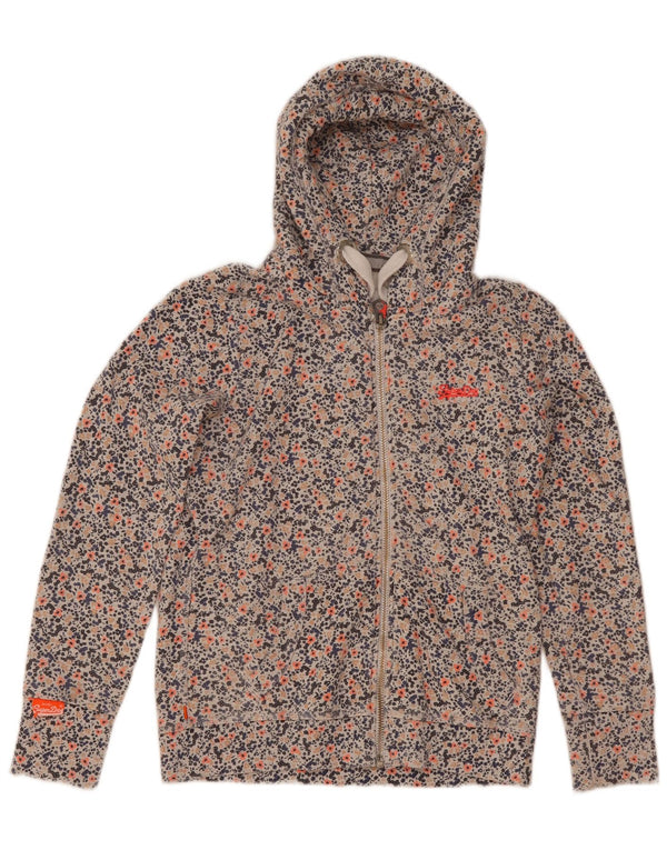 Superdry Womens Zip Hoodie Sweater UK 12 Medium Grey Floral Cotton