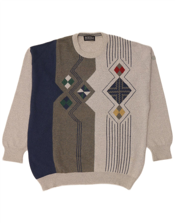 Vintage Mens Crew Neck Jumper Sweater Large Grey Colourblock