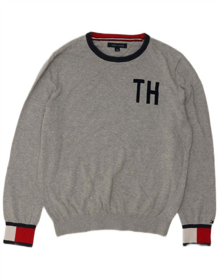 TOMMY HILFIGER Mens Crew Neck Jumper Sweater Medium Grey Colourblock