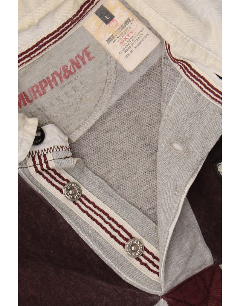 MURPHY & NYE Mens Graphic Rugby Polo Shirt Large Burgundy Colourblock Vintage Murphy & Nye and Second-Hand Murphy & Nye from Messina Hembry 