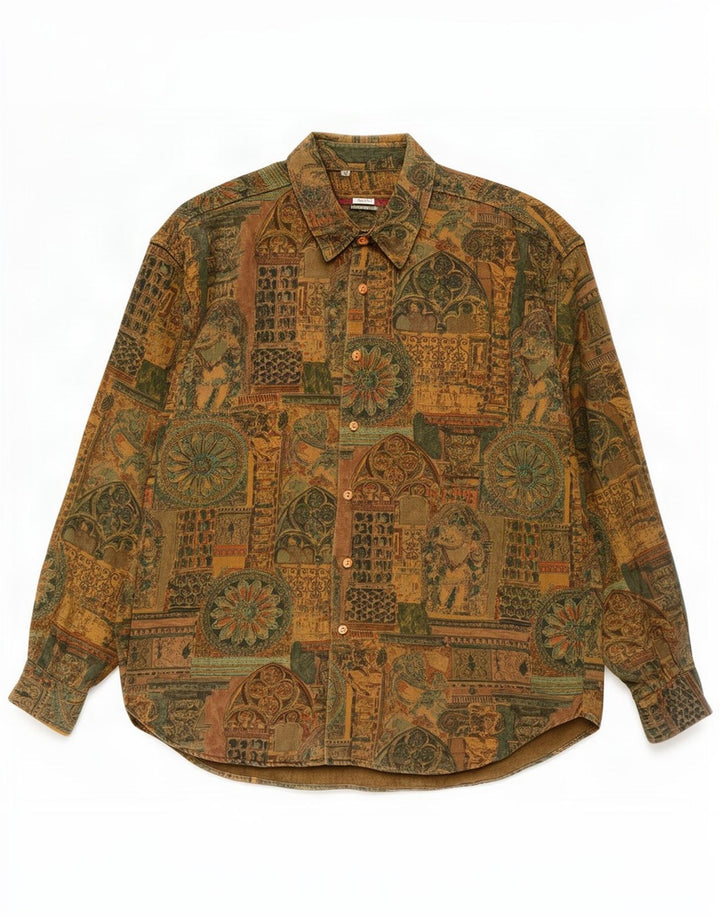 Vintage Mens Abstract Pattern Shirt XL Khaki