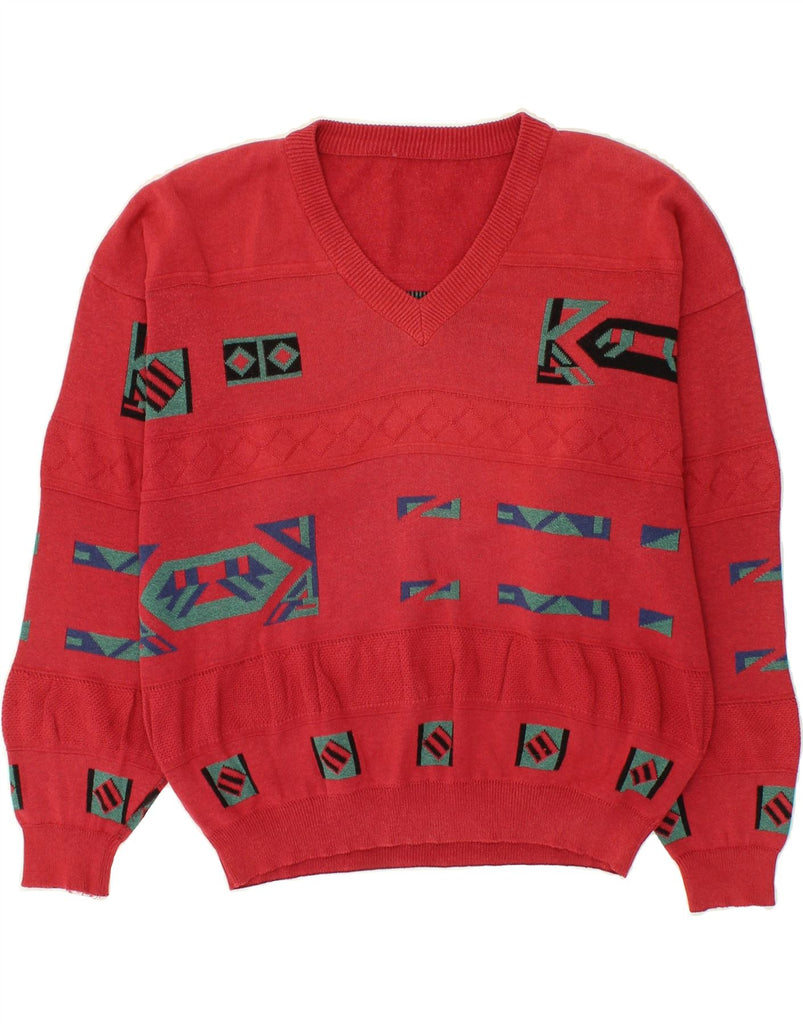 VINTAGE Womens V-Neck Jumper Sweater UK 16 Large Red Geometric Vintage Vintage and Second-Hand Vintage from Messina Hembry 