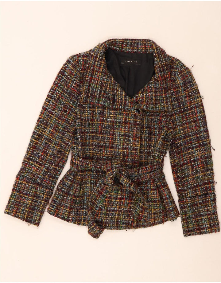 Zara Womens Front Tie Blazer Jacket UK 14 Large Multicoloured Check Acrylic