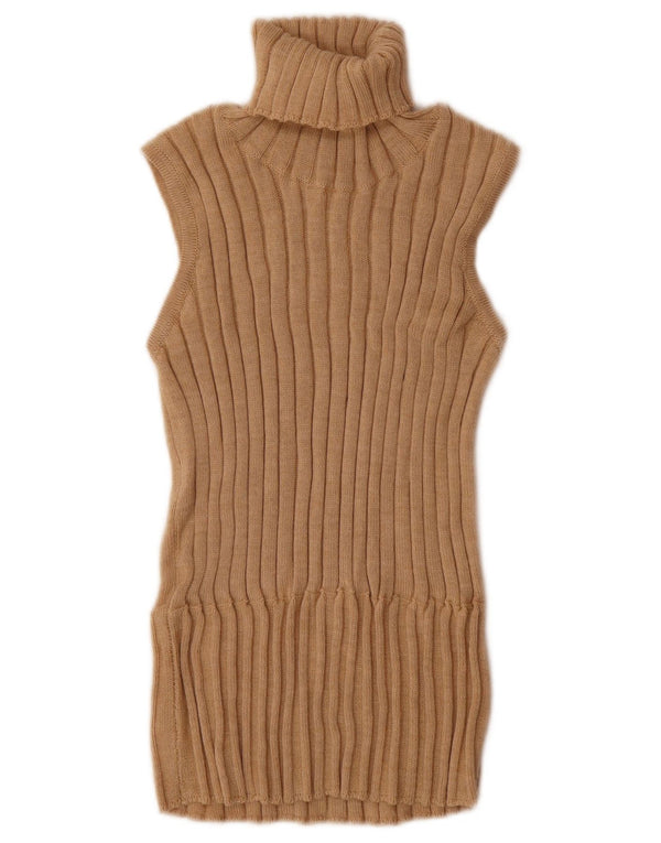 Vintage Womens Roll Neck Vest Tank Top UK 12 Medium Beige Merino Wool