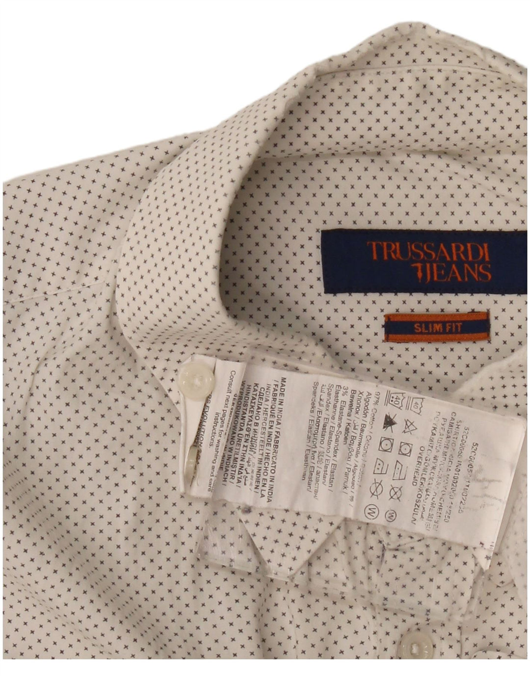 Trussardi Jeans Mens Abstract Pattern Slim Fit Shirt Medium White Cotton