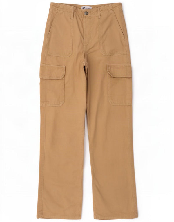 Zara Womens High Waist Loose Fit Cargo Trousers EU 36 XS W26 L30 Beige