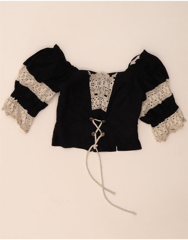 LANDHAUS Womens Trachten Crop Corset Top UK 8 Small Black Floral Linen