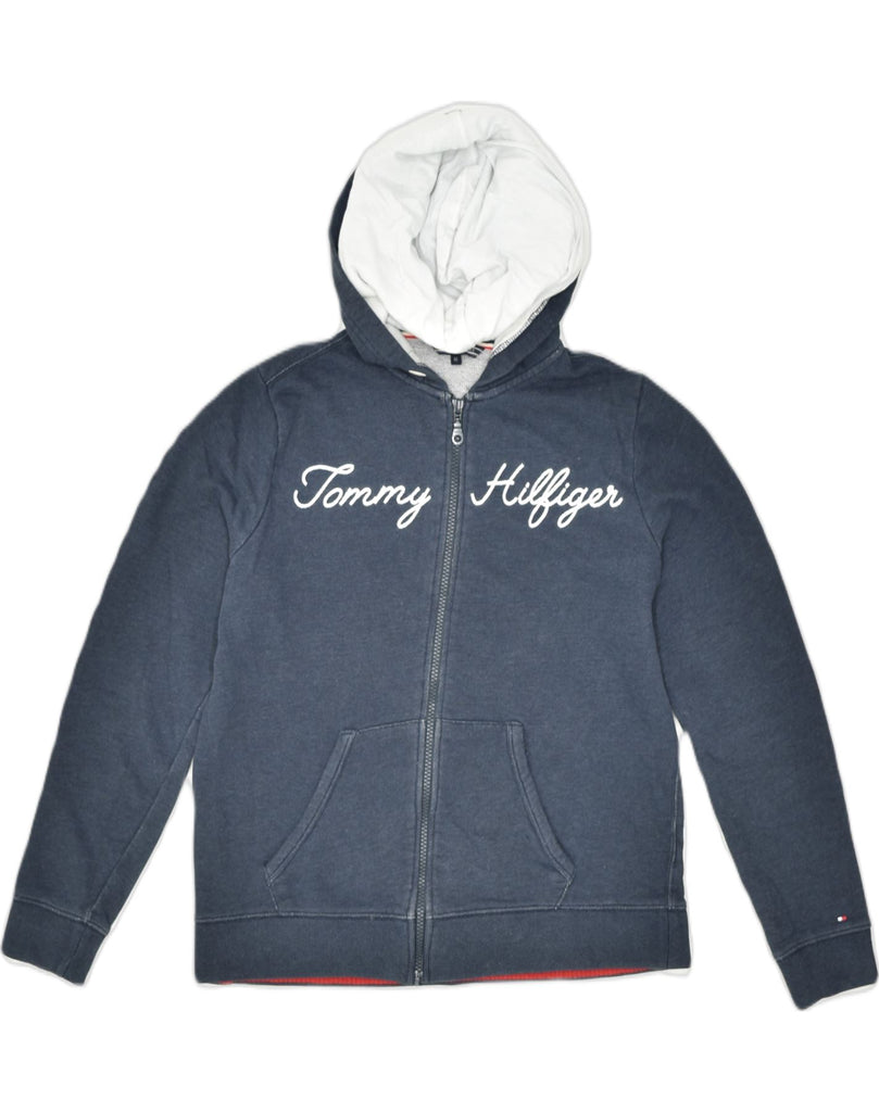 TOMMY HILFIGER Womens Graphic Zip Hoodie Sweater UK 6 XS Grey Cotton | Vintage | Thrift | Second-Hand | Used Clothing | Messina Hembry 