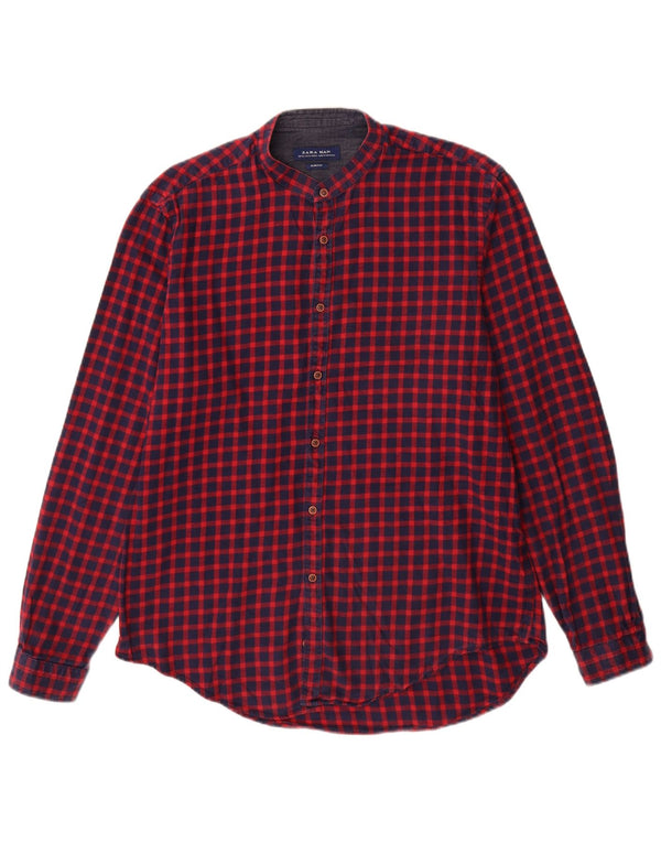 Zara Mens Slim Fit Shirt XL Burgundy Gingham Cotton