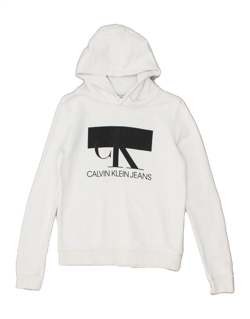 CALVIN KLEIN Womens Graphic Hoodie Jumper US 14 XL White Cotton | Vintage Calvin Klein | Thrift | Second-Hand Calvin Klein | Used Clothing | Messina Hembry 