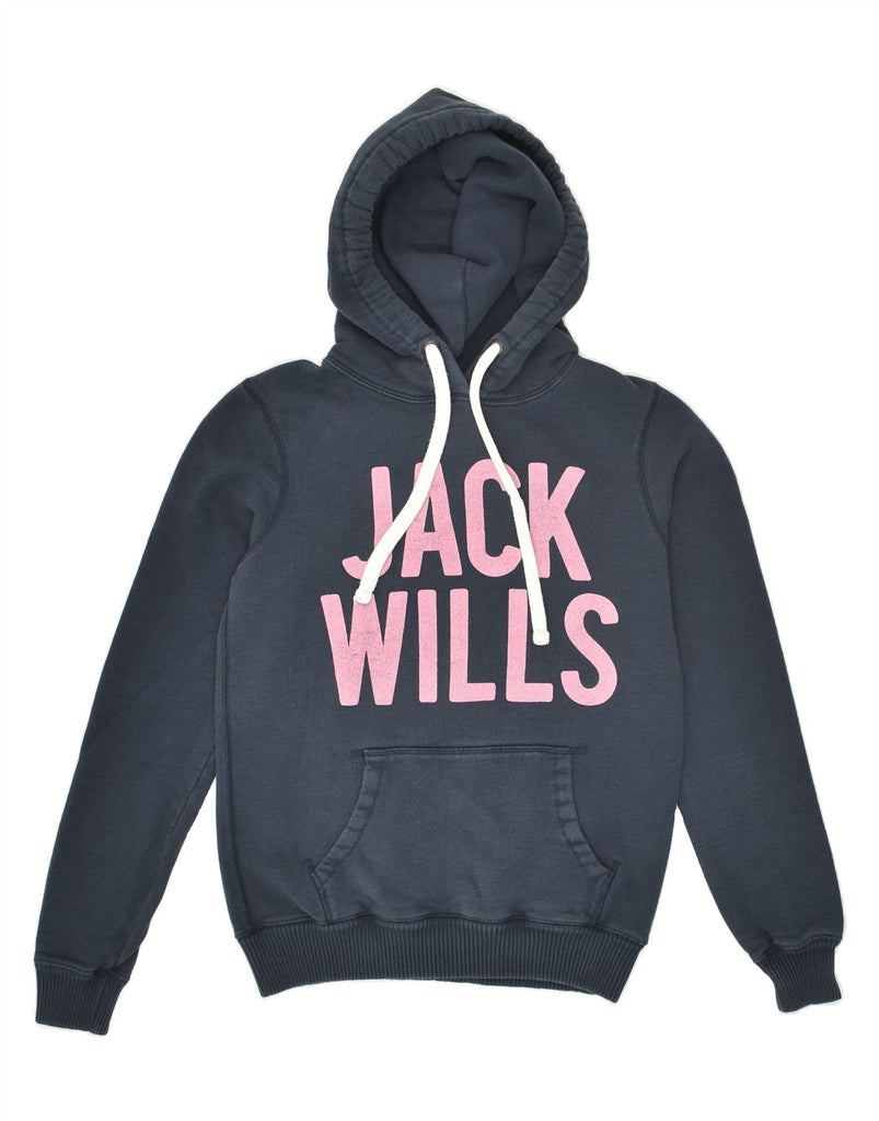 JACK WILLS Womens Graphic Hoodie Jumper UK 8 Small  Navy Blue Cotton | Vintage Jack Wills | Thrift | Second-Hand Jack Wills | Used Clothing | Messina Hembry 