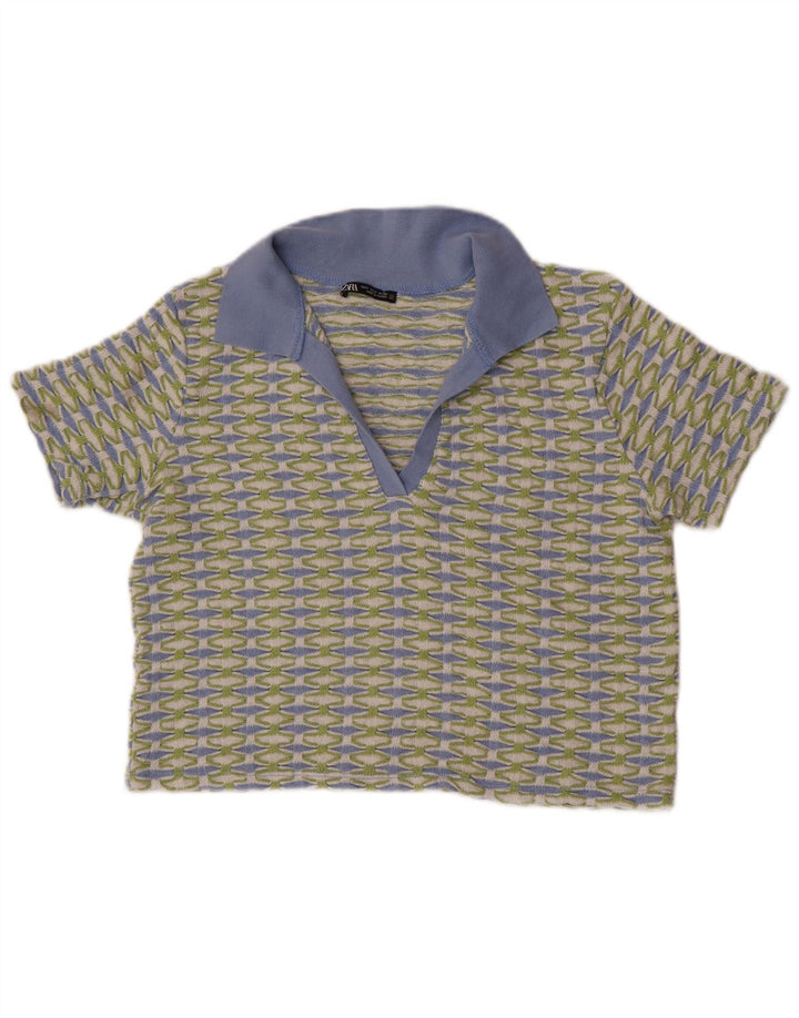 Zara Womens Crop Polo Shirt UK 10 Small Green Geometric Polyester