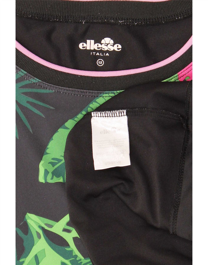Ellesse Womens Graphic T-Shirt Top UK 12 Medium Black Floral Polyester