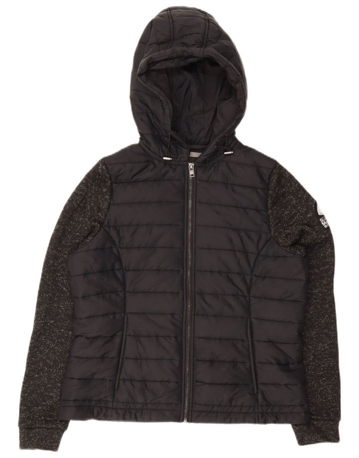 Superdry Womens Hooded Padded Jacket UK 16 Large Black Flecked Polyester