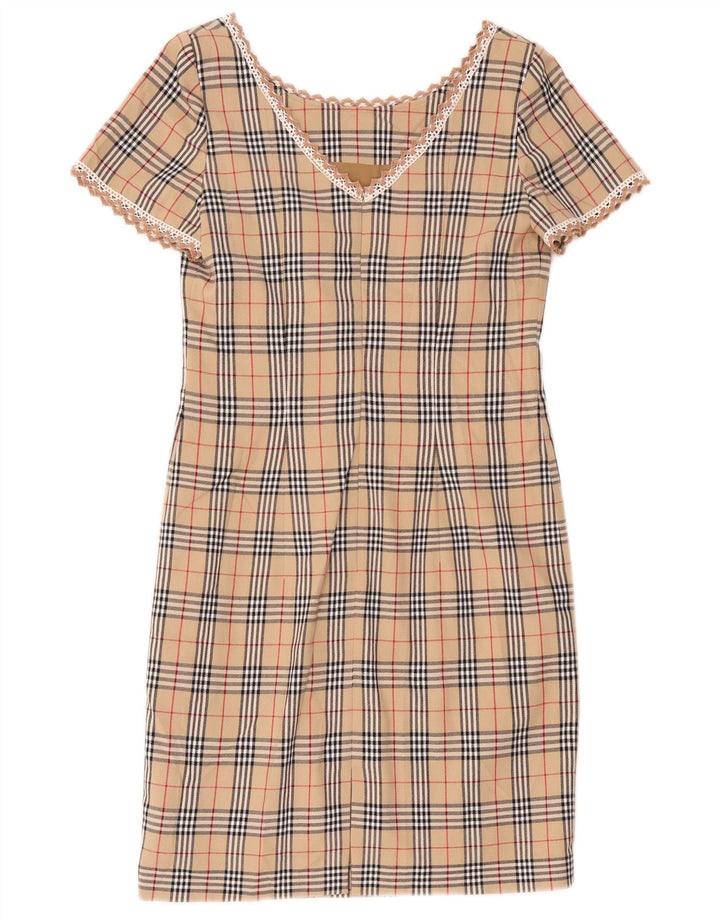 Vintage Womens Sheath Dress UK 12 Medium Beige Plaid