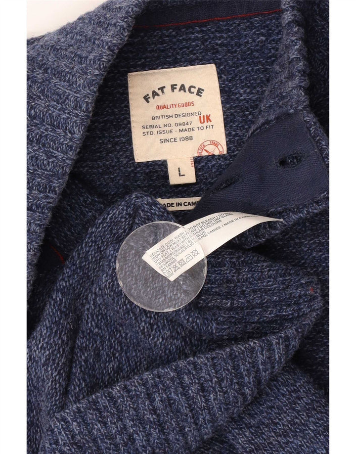 Fat Face Mens Button Neck Jumper Sweater Large Navy Blue Striped Wool