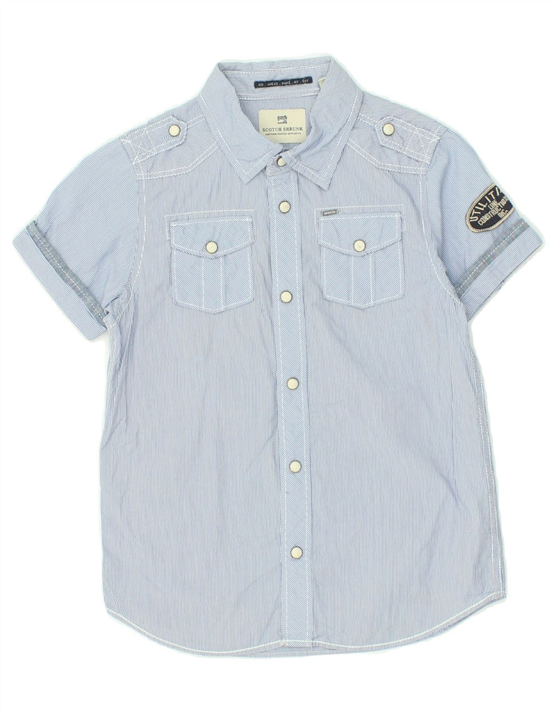 SCOTCH SHRUNK Boys Graphic Short Sleeve Shirt 7-8 Years Blue Pinstripe Vintage Scotch Shrunk and Second-Hand Scotch Shrunk from Messina Hembry 