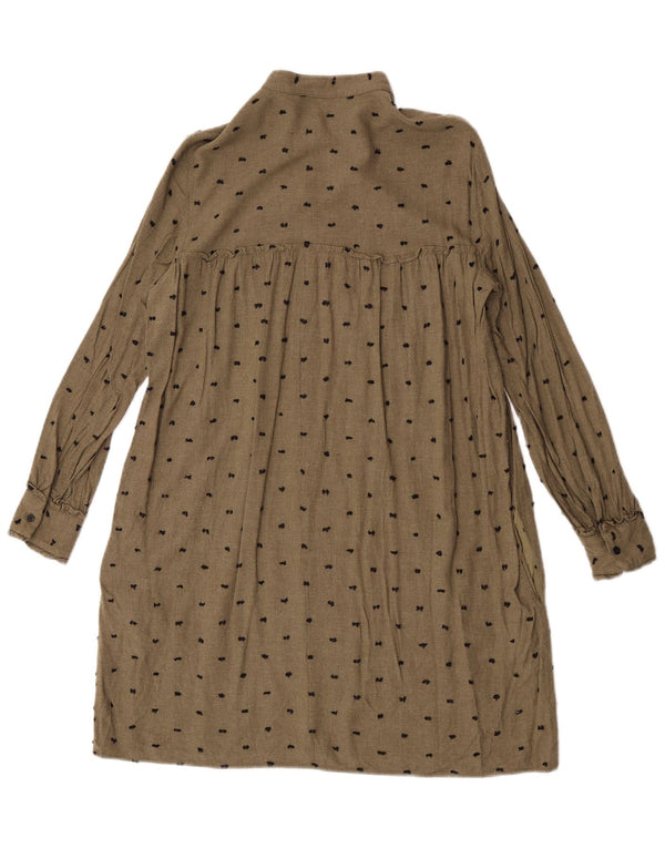 Zara Womens Long Sleeve A-Line Dress UK 6 XS Khaki Spotted