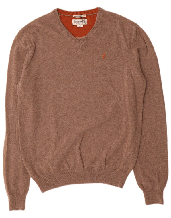 Marlboro Classics Mens V-Neck Jumper Sweater Large Brown Wool