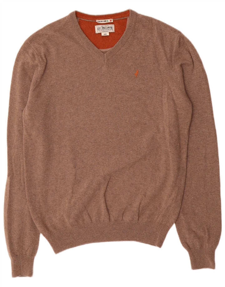 Marlboro Classics Mens V-Neck Jumper Sweater Large Brown Wool