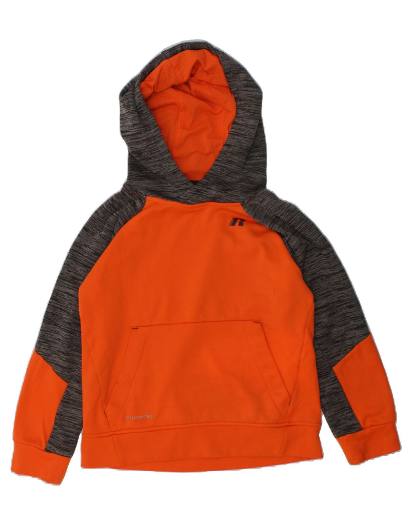 RUSSEL Boys Hoodie Jumper 6-7 Years Orange Colourblock Polyester | Vintage RUSSEL | Thrift | Second-Hand RUSSEL | Used Clothing | Messina Hembry 